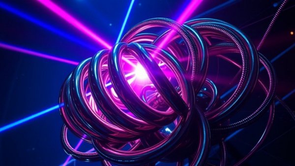 Futuristic quantum computing concept with lasers and metallic spirals.