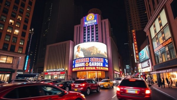 Night view of Madison Square Garden with traffic lights in NYC.