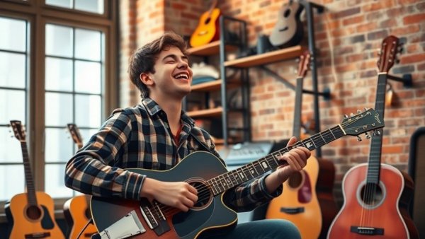 Musician with guitar using portable audio mixer in cozy studio