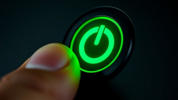 Close-up of a green power button being pressed for cybersecurity updates.