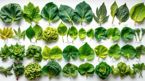 Variety of leafy greens in a scientific display, nutritious leafy green crop.