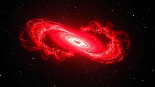 Bow-and-arrow-shaped radio galaxy glowing red in starry space.