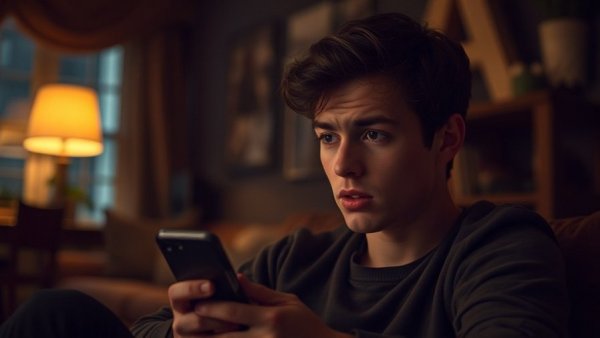 Worried man looking at phone, sextortion AI victims context