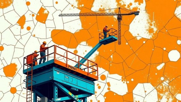 Surreal illustration with workers on platforms and open-source icon backdrop.
