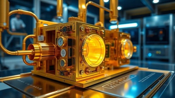 Intricate golden superconducting X-ray detector in laboratory setting.