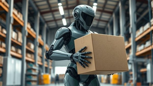 Humanoid robot carrying a box in a warehouse environment.