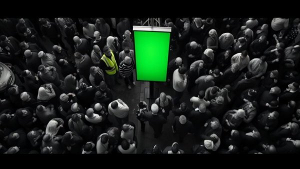 AI in Policing: Black and white crowd next to green screen.