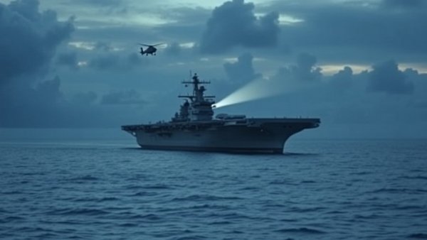 USS Enterprise arrives in NYC sailing at twilight with helicopter overhead.