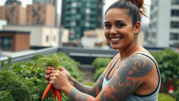 Tattooed woman harvesting carrots in an urban garden.