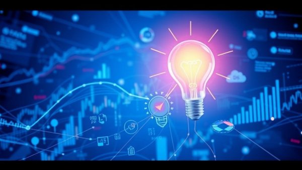 Digital illustration of best revenue intelligence solutions with data connections and glowing light bulb.