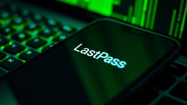 Smartphone with LastPass logo on a glowing keyboard, LastPass Data Breach