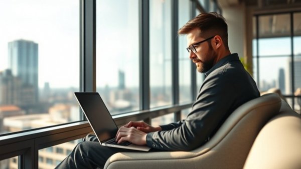 Man using laptop near window with cityscape view.