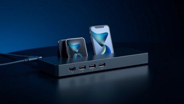 Kensington Thunderbolt 5 Dock connected to gadgets on dark background.