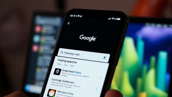 Smartphone screen with Google search amid EU regulations discussion.