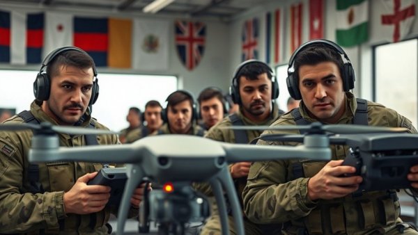 Military personnel operate drones indoors under the Russia Drone Force Recruitment initiative