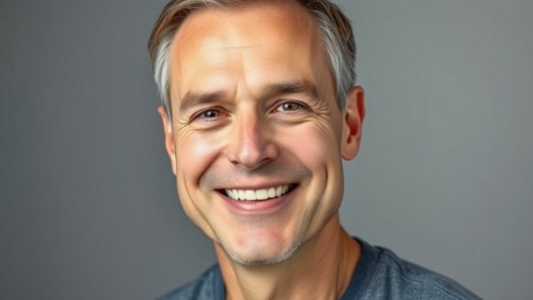 Middle-aged man's warm smile on a neutral background, Google Cloud Security AI theme.