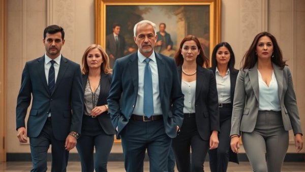Groups of people in suits in a formal setting.
