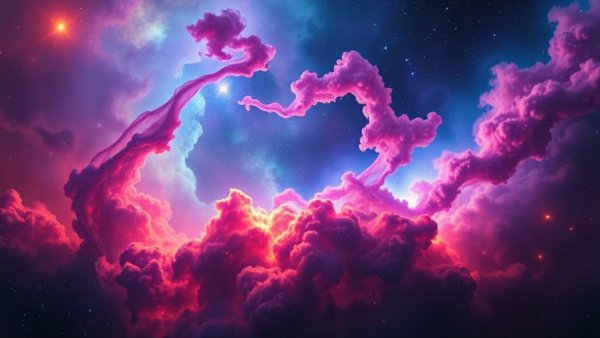 Colorful cosmic nebula with swirling clouds in universe background.