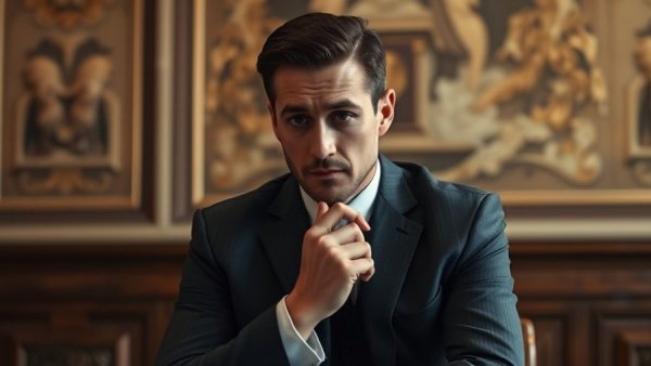 Man in formal setting pondering, concept linked to cutting-edge AI and nuclear weapons.