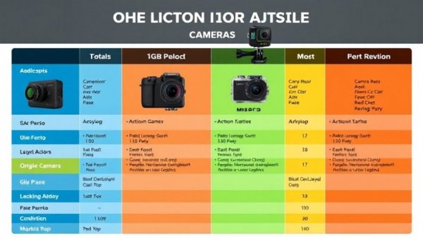 Action cameras comparison in a colorful table with specs.