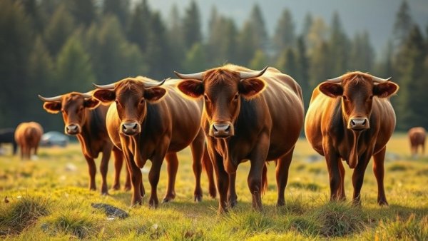 Cows grazing in a sunny meadow near a forest.
