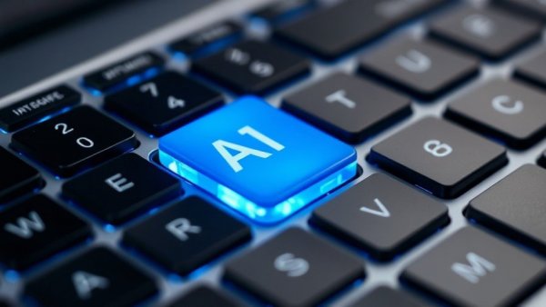 Glowing AI key on keyboard representing AI fiction character development