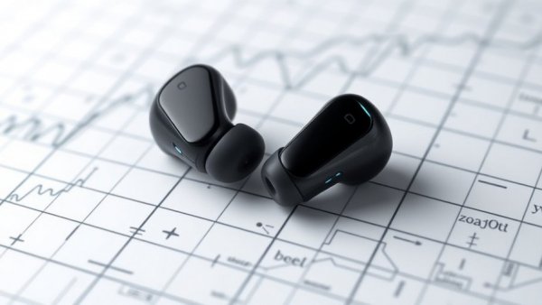 Modern earbuds and packaging on a grid background showcasing consumer technology.