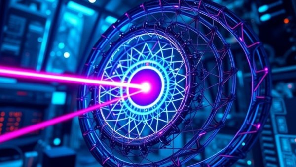 Abstract representation of quantum computing with spiral and laser.