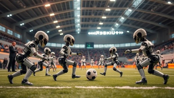 Robots playing football in a stadium with observers.