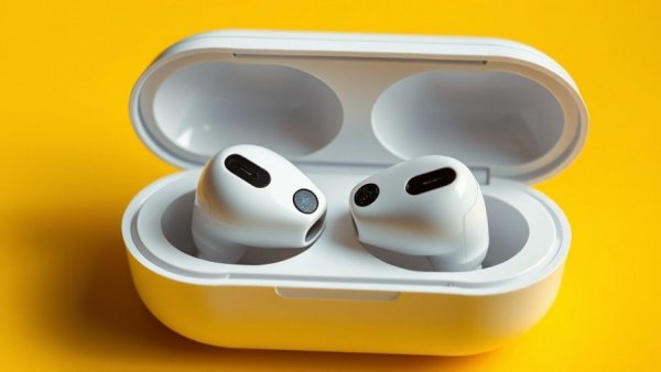 AirPods Ultra with Built-In Cameras in white case on yellow background.