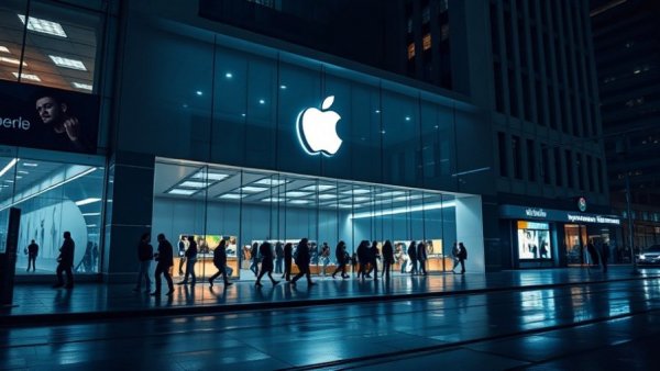 Futuristic Apple store at night, silhouette of people walking.