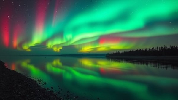Vivid aurora over tranquil lake, stunning green and pink glow.