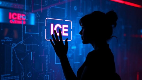 Surreal abstract image of ICE badge and woman's silhouette.