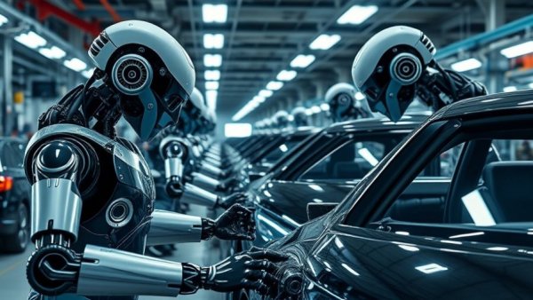 Futuristic robots in a car assembly line showcasing automation.