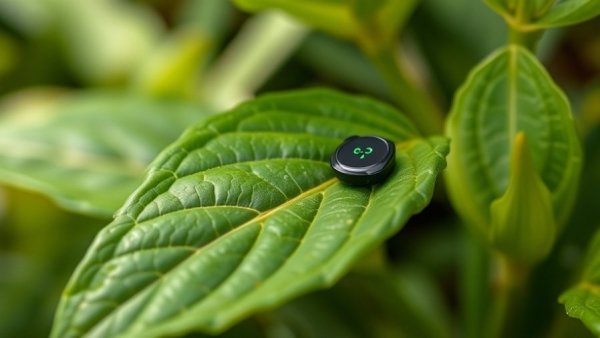 Small sensor on leaf tracking plant health with wearables.