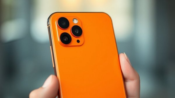 Close-up of orange smartphone resembling iPhone 18 Pro with triple cameras.