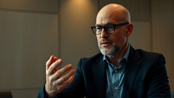Bald man discussing face recognition technology in office