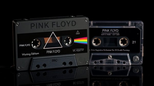 Pink Floyd WE-001 cassette player with matching tape in dark setting.
