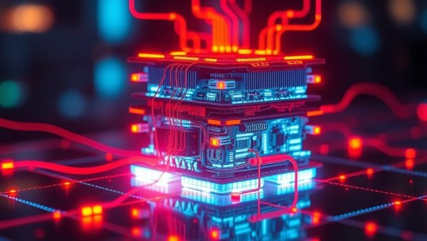 Quantum computing circuits glowing with fiery energy waves.