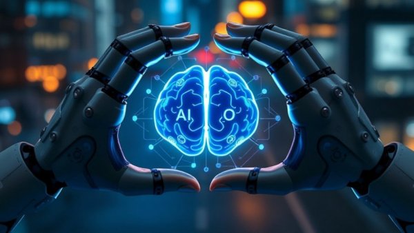 AI-Ready Data Strategy visualization with robotic hands and digital brain.