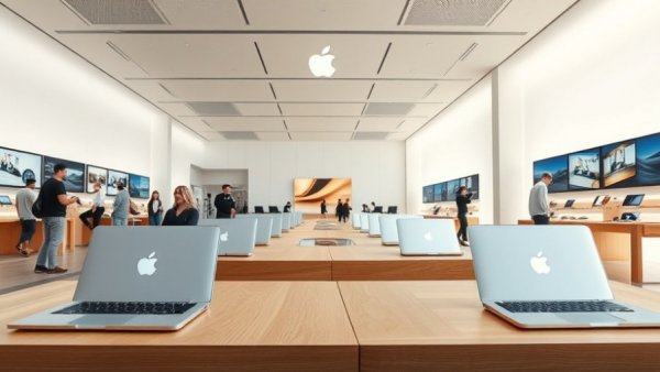 Modern Apple store displaying sleek laptops and customers exploring