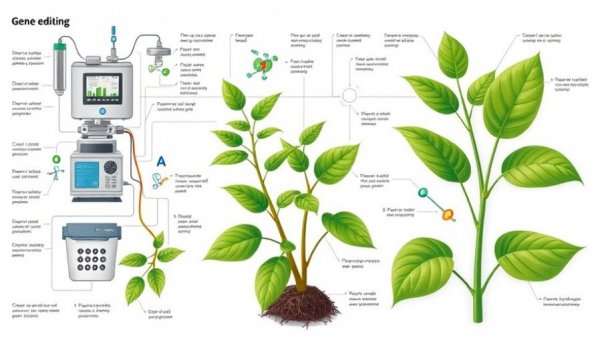 Gene editing infographic showing plant modification process, biotech gene editing crops.
