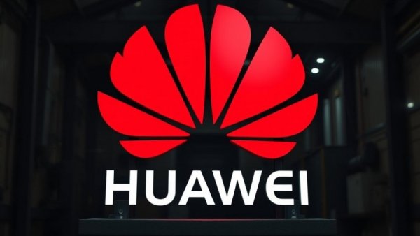 Vibrant Huawei logo on a dark background, symbolizing AI success.
