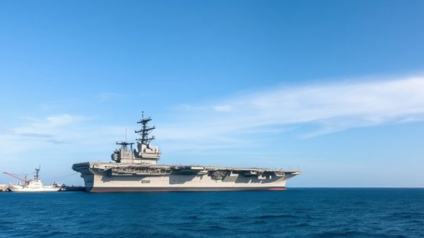 U.S. Navy Flattop Mission carrier at harbor, calm blue waters.
