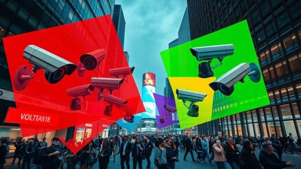 Surreal representation of surveillance technology and privacy concerns in public areas.