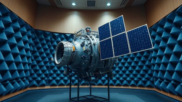 High-tech satellite in acoustic testing chamber showcasing space innovation.