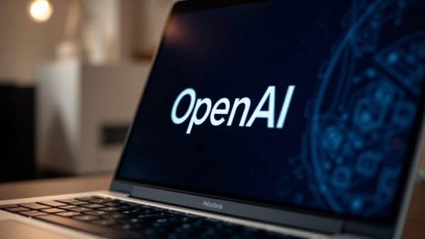Close-up of OpenAI logo on a laptop screen, artificial intelligence.