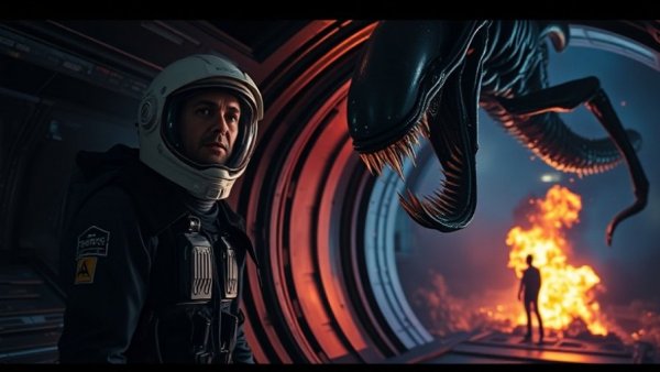 Suspenseful space horror scenes with alien and cosmic explosion.