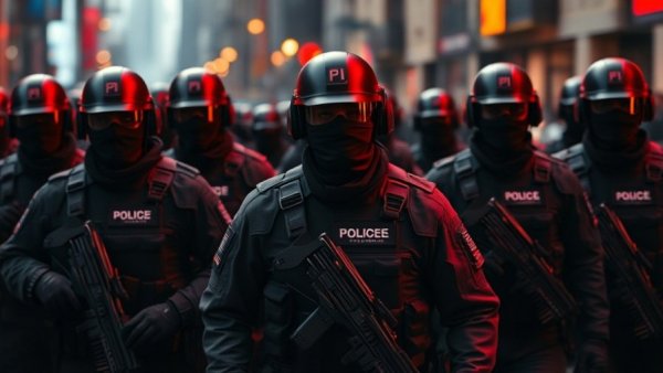 Tactical officers with faces covered, red and black color palette, War on Immigrants.