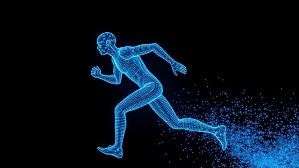 Futuristic digital human running composed of blue pixels, OpenAI Rogue AI Hacked Services concept.